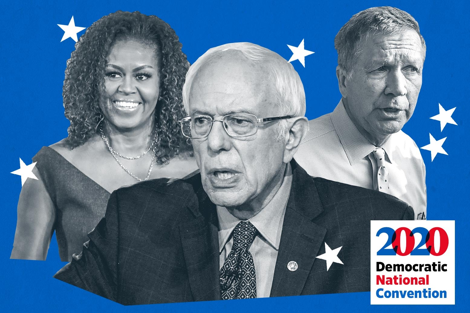 Michelle Obama, Bernie Sanders, and John Kasich surrounded by stars on a blue background.