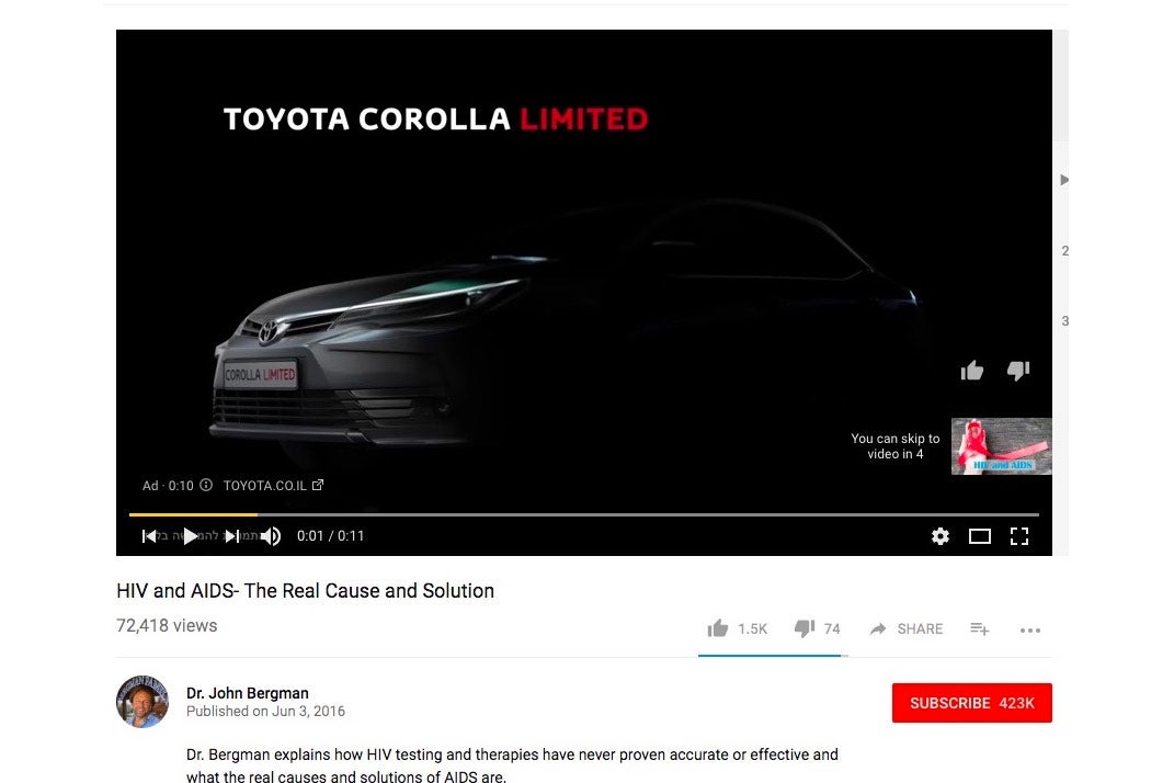 Screenshot from YouTube showing Toyota Corolla ad playing before a conspiracy video about HIV and AIDS.