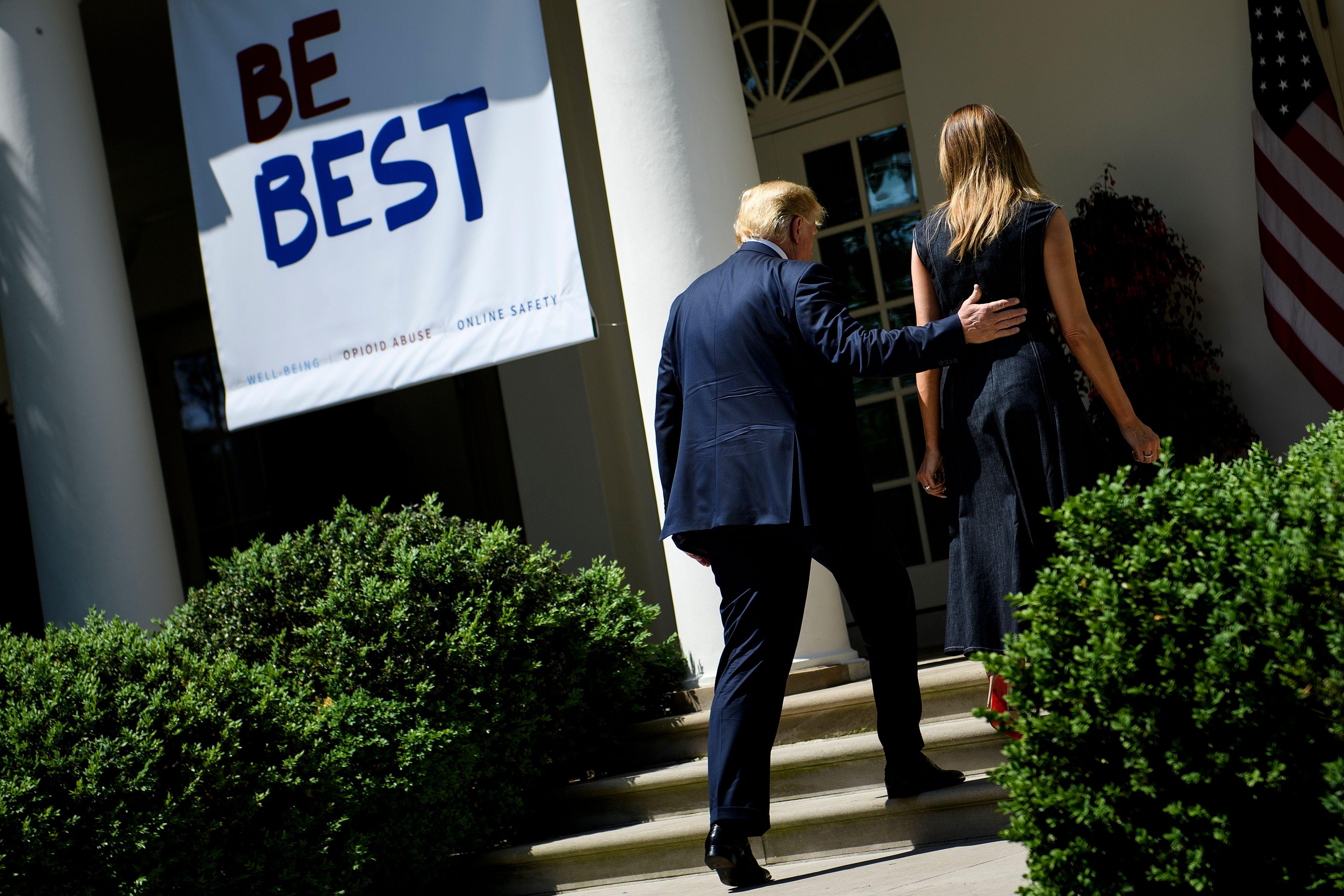 President Donald Trump and first lady Melania Trump leave after an event to celebrate the one year anniversary of the "Be Best" initiative in the Rose Garden of the White House on Tuesday.