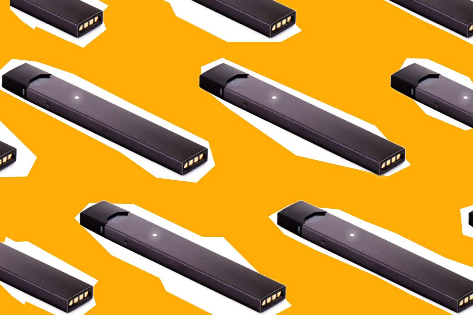 Photo illustration: several Juul pens lined up.