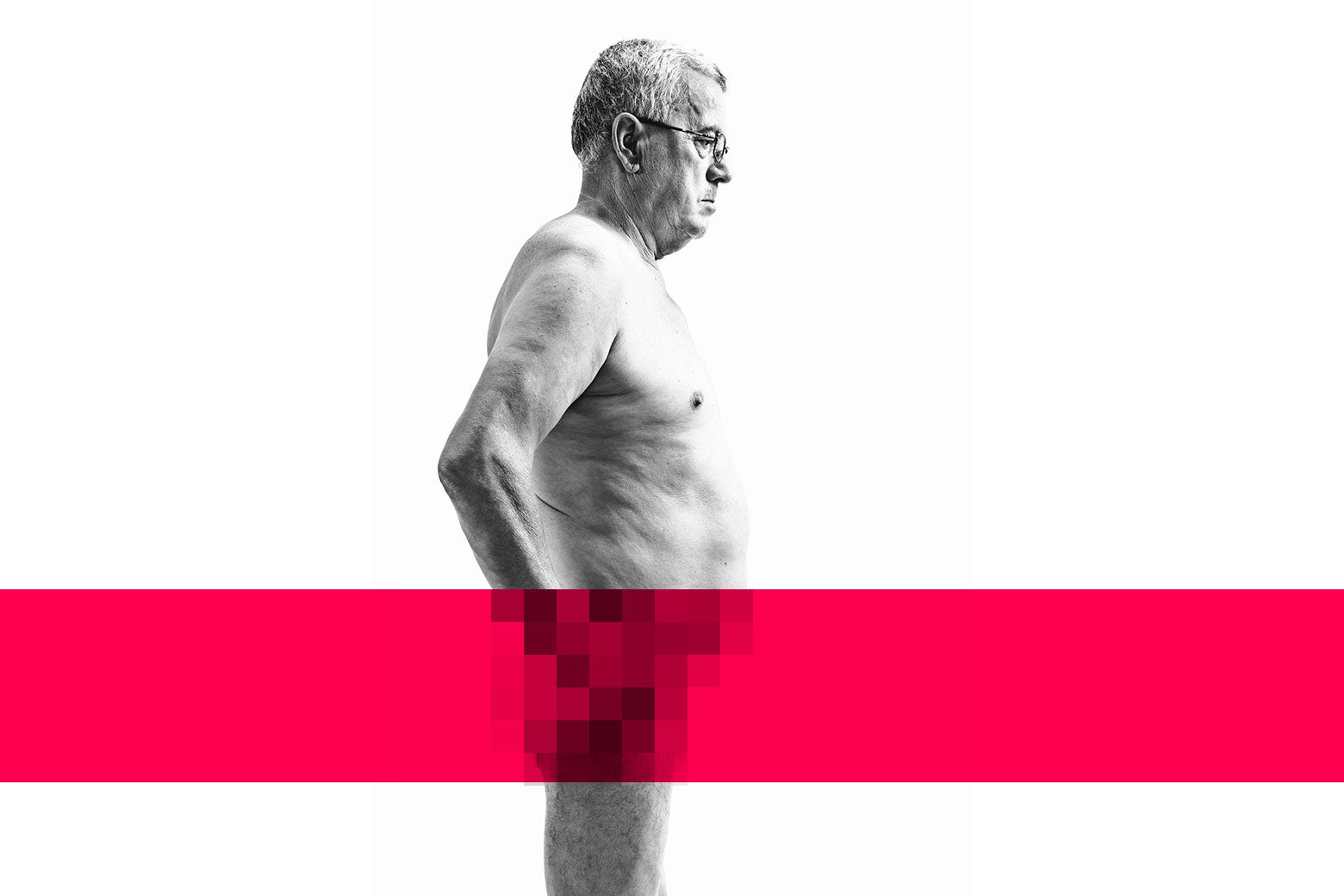 An older man, naked, with a red bar and pixelation across his nether regions.