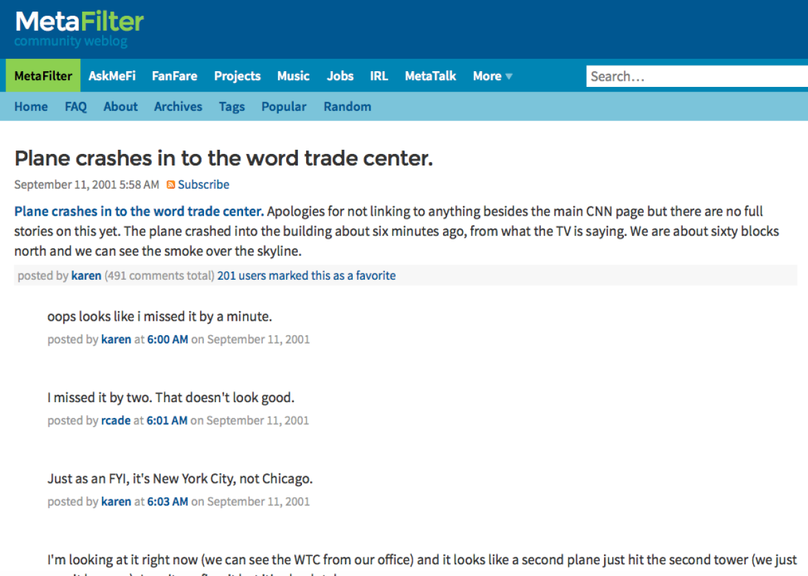 September 11 social media: Metafilter thread was the Twitter, Facebook