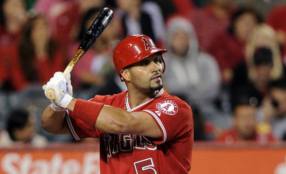 Albert Pujols #5 of the Los Angeles Angels at bat against the Oakland Athletics.