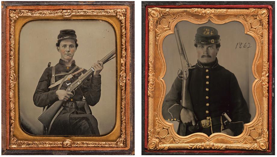 (left) Confederate Corporal with British Rifle Musket and Bowie Knife, Likely from Georgia, 1861–62 (?). Sixth-plate ambrotype with applied color, (right) Union Soldier with Rifle,1862. Sixth-plate ruby glass ambrotype with applied color