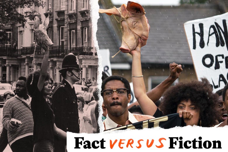 A black-and-white photo of a woman holding up a pigs head at a protest and a still image of Mangrove depicting the same scene.