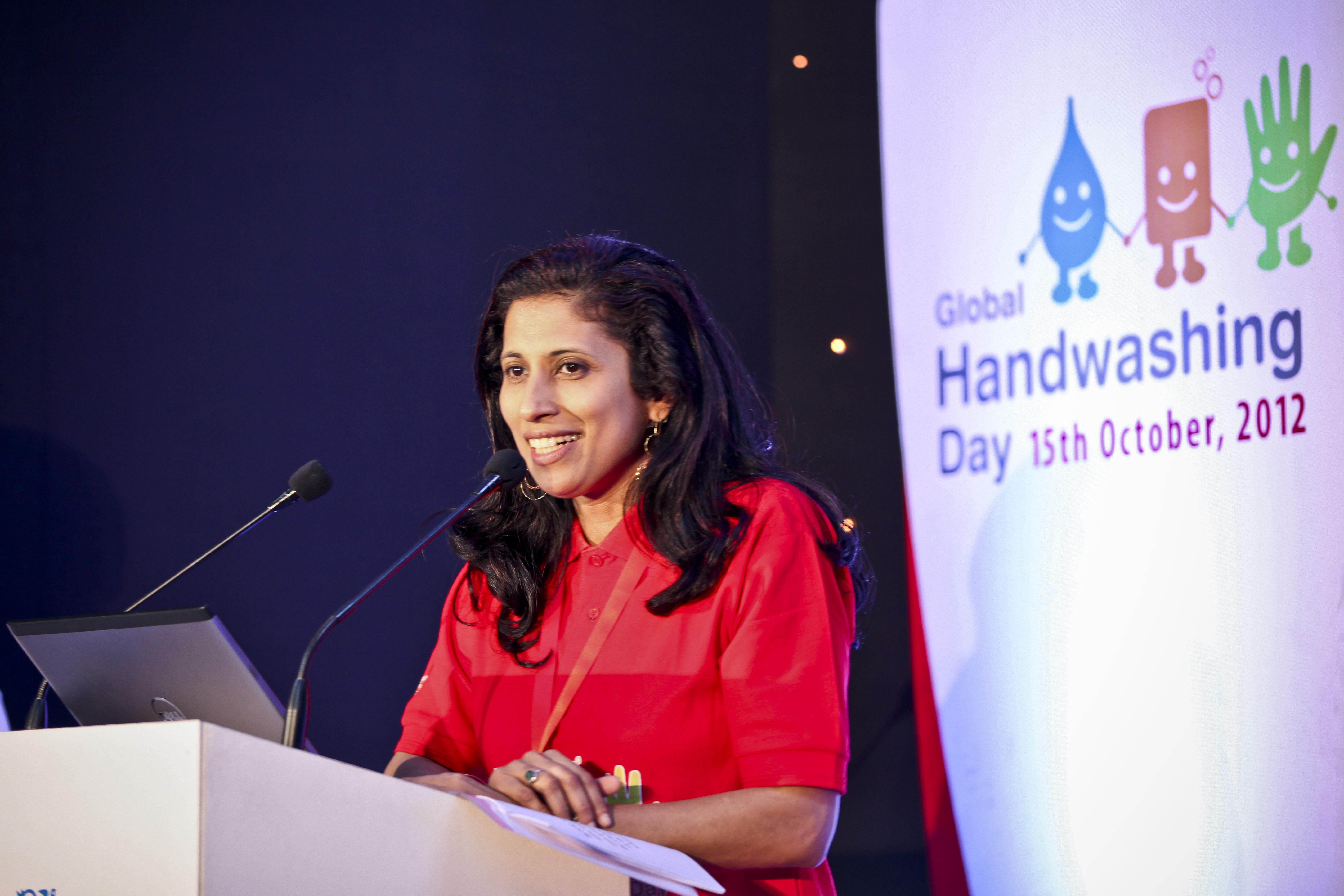 Executive Director HR of Unilever India Leena Nair speaks during Global Handwashing Day at Worli Seaface Mumbai Municipal Corporation School on Oct. 15, 2012, in Mumbai, India.