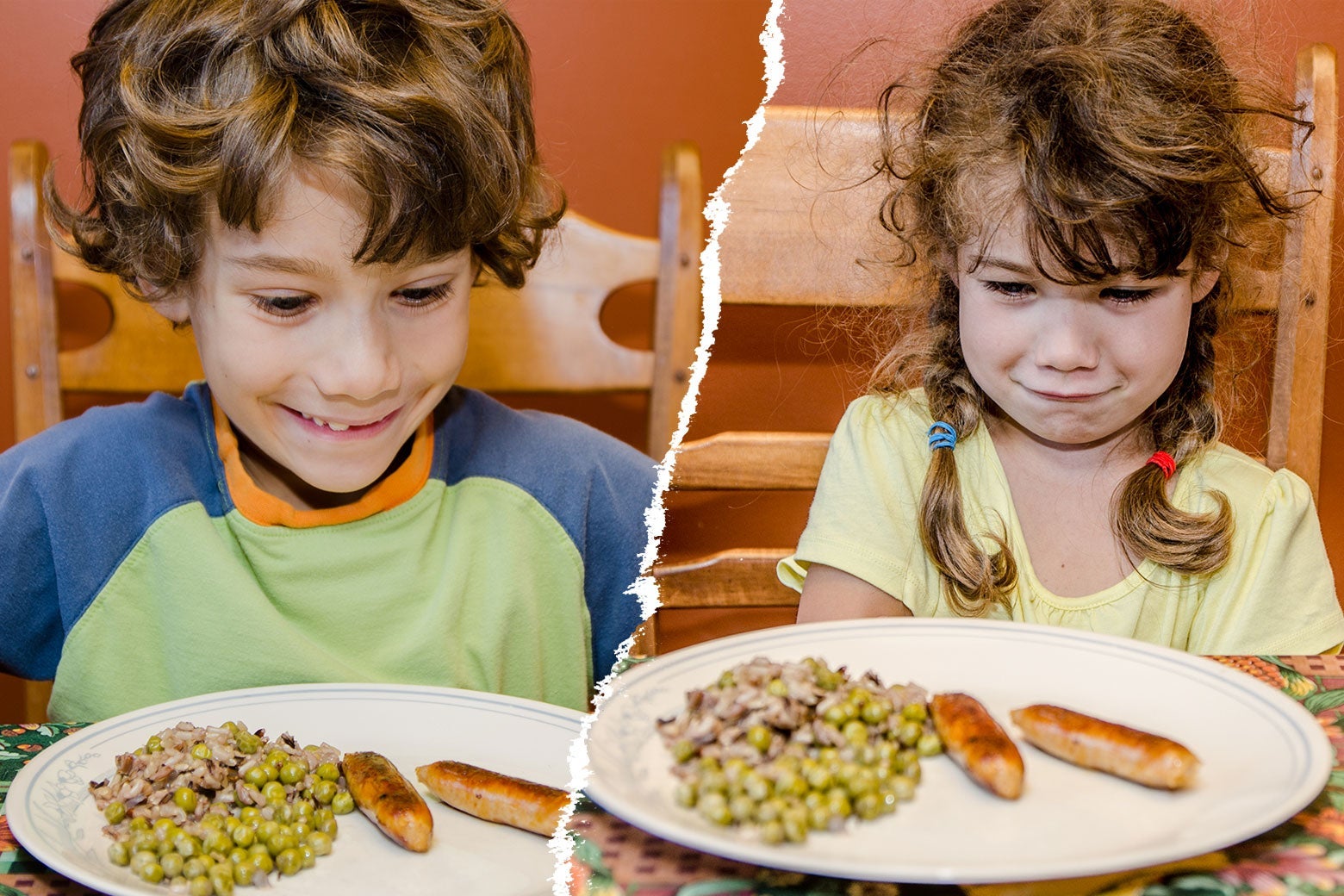 Diptych of one child excited about and one child repulsed by the same plate of peas, rice, and sausage links.