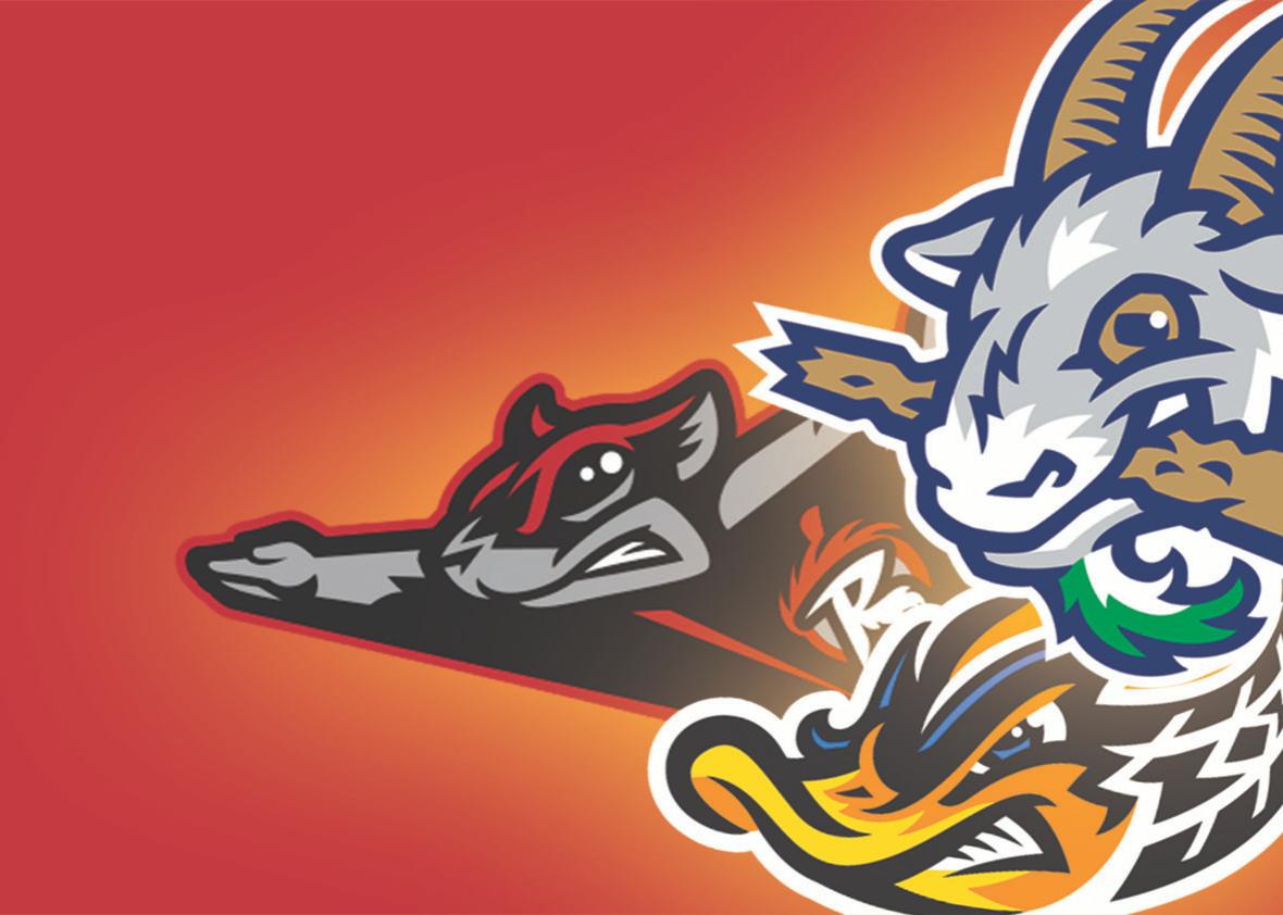Logos for Flying Squirrels, Hartford Yard Goats, and Akron Rubbe