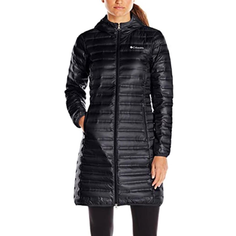 Model wearing long down jacket