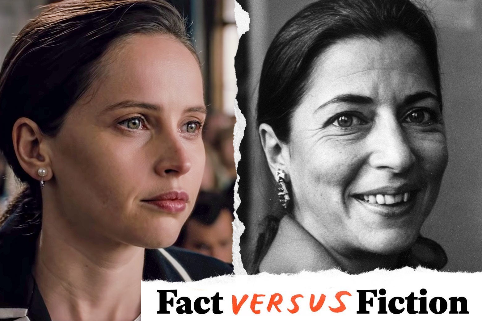 Photo illustration of Felicity Jones and a younger Ruth Bader Ginsburg.