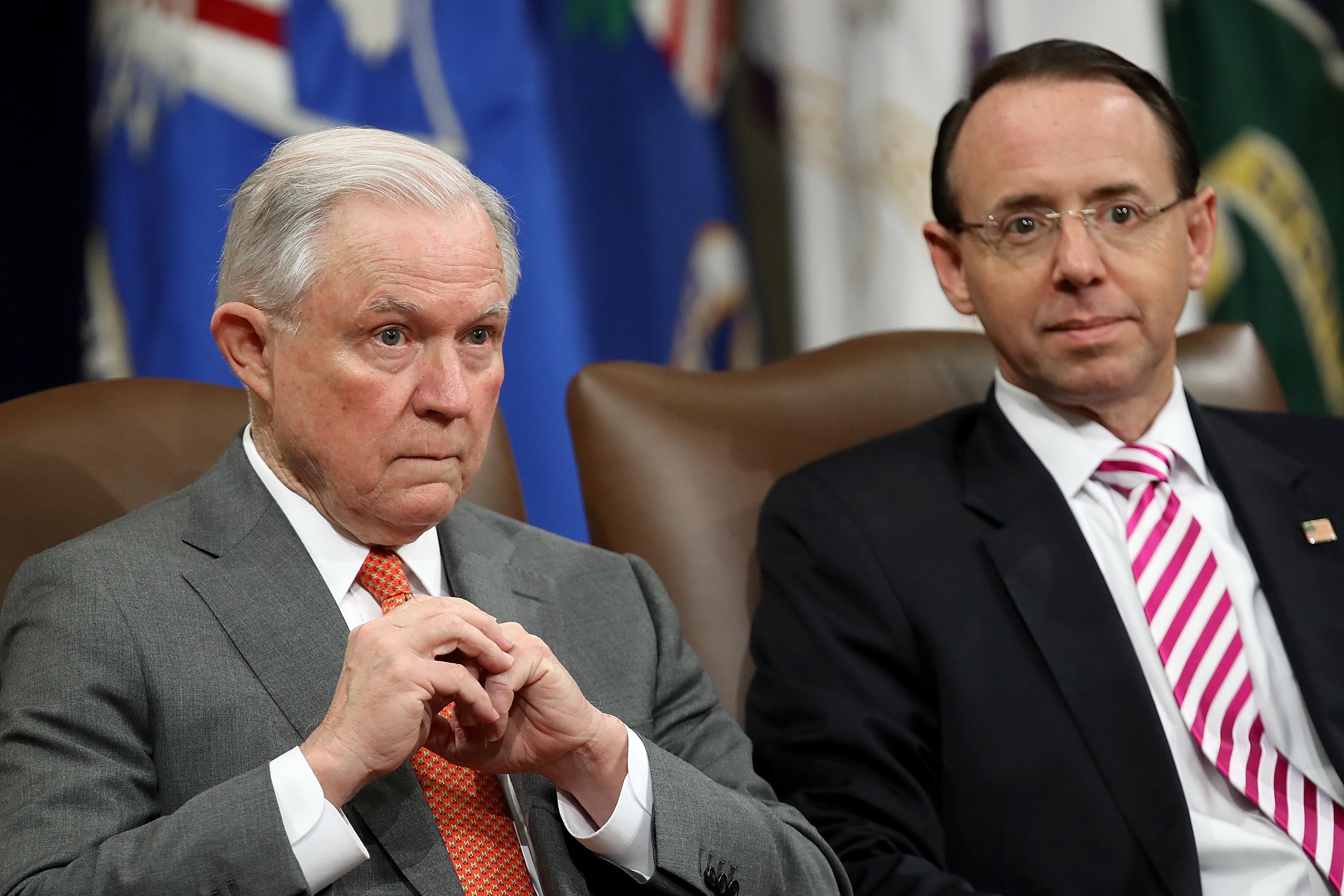 U.S. Attorney General Jeff Sessions and Deputy Attorney General Rod Rosenstein attend the Religious Liberty Summit at the Department of Justice July 30, 2018 in Washington, DC. 
