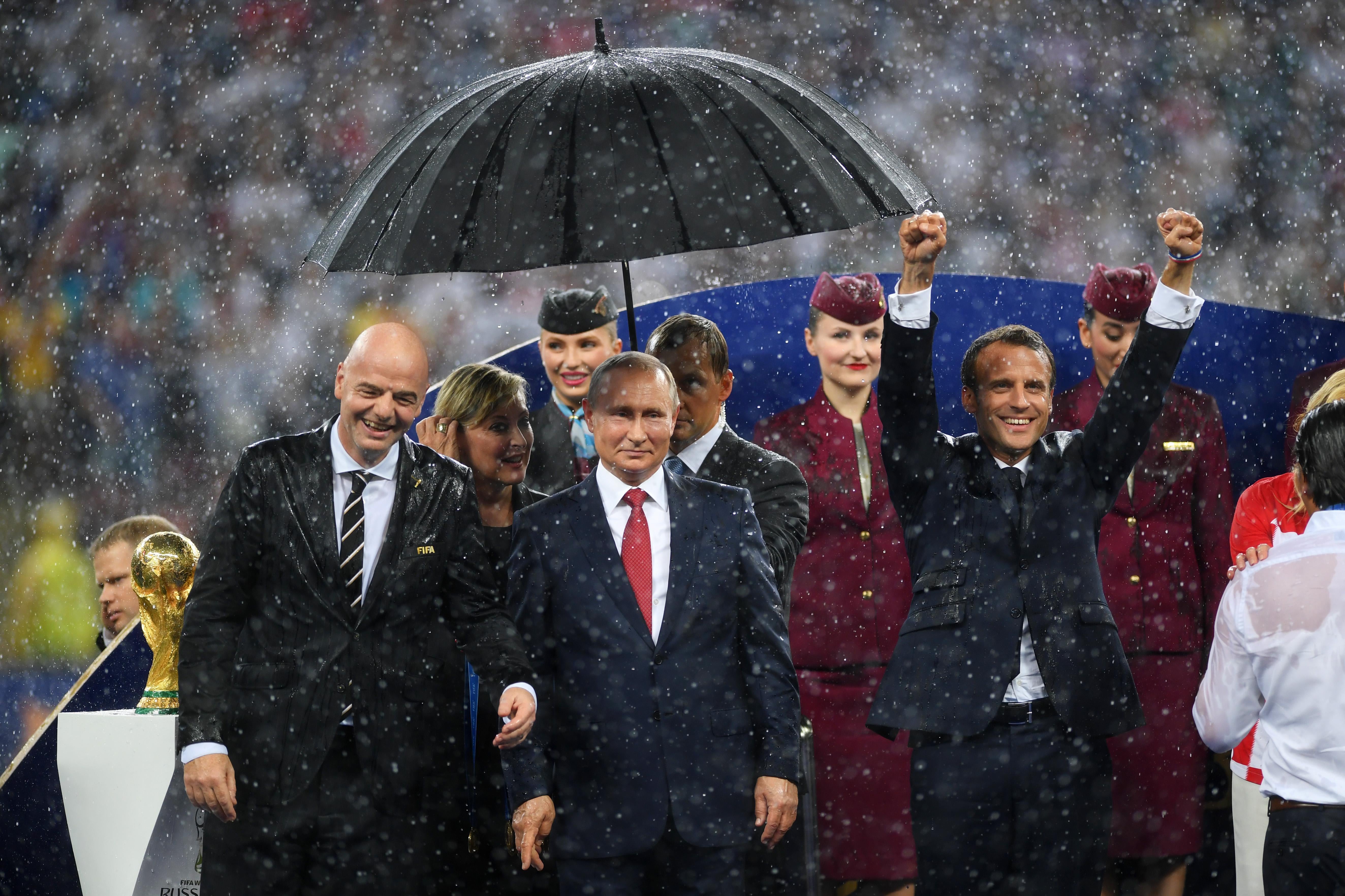 MOSCOW, RUSSIA - JULY 15:  FIFA president Gianni Infantino, President of Russia Valdimir Putin and French President Emmanuel Macron are seen following the 2018 FIFA World Cup Final between France and Croatia at Luzhniki Stadium on July 15, 2018 in Moscow, Russia.  (Photo by Shaun Botterill/Getty Images)