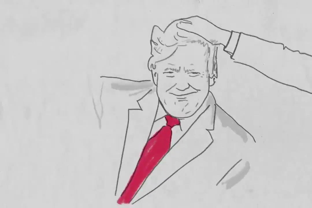 A rotoscoped image of Jimmy Fallon mussing Donald Trump's hair on The Tonight Show.