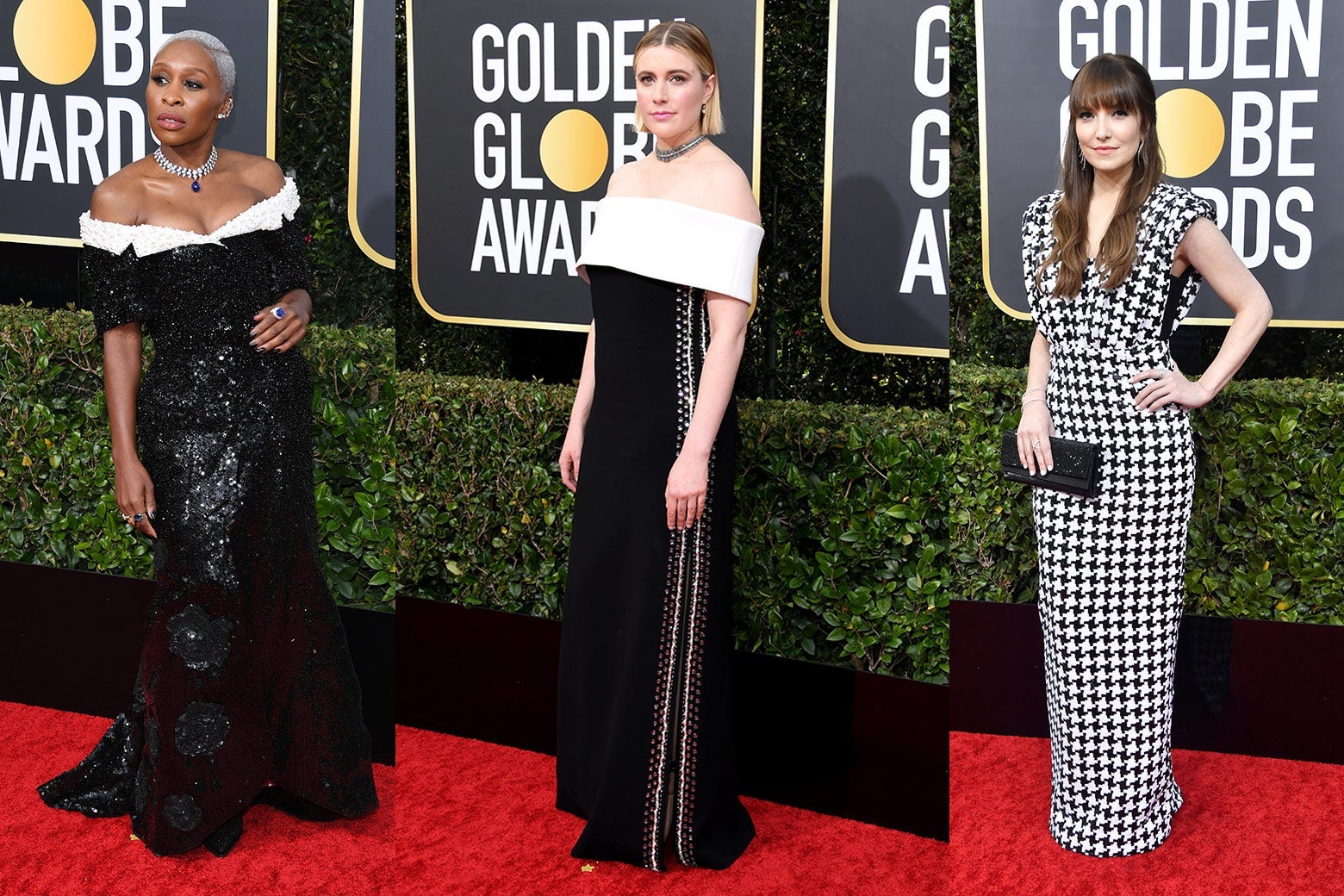 Cynthia Erivo, Greta Gerwig, and Lorene Scafaria pose on the Golden Globes 2020 red carpet.