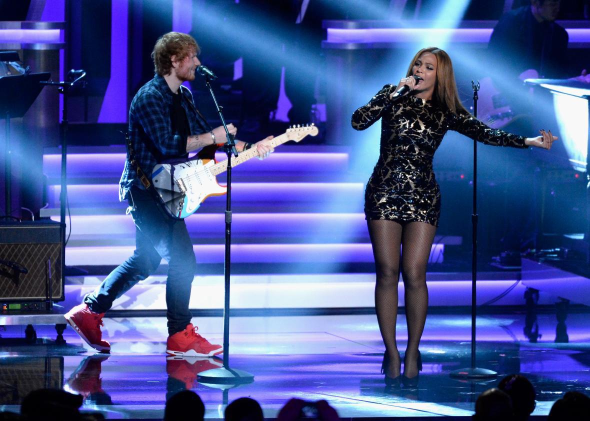 Ed Sheeran and Beyoncé performing together at the Grammys in 2015.