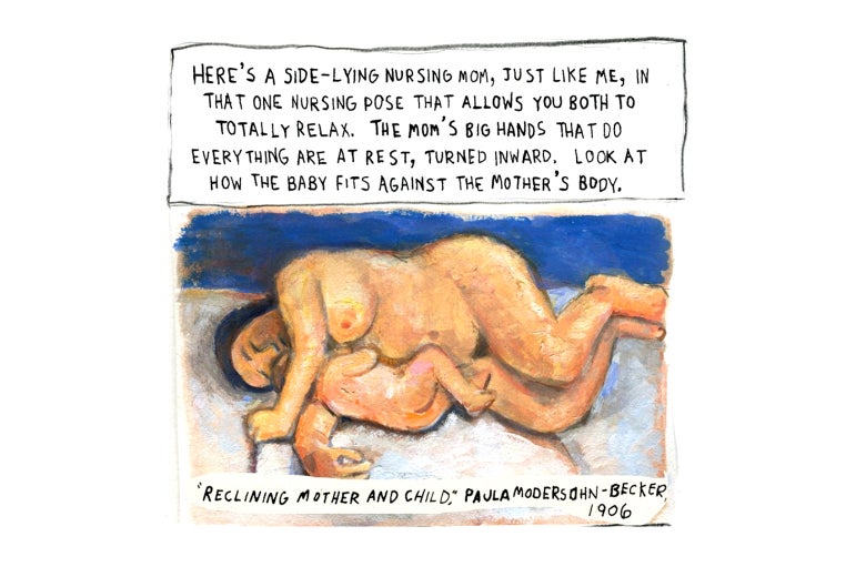 A cartoon of a reclining mother with her child.