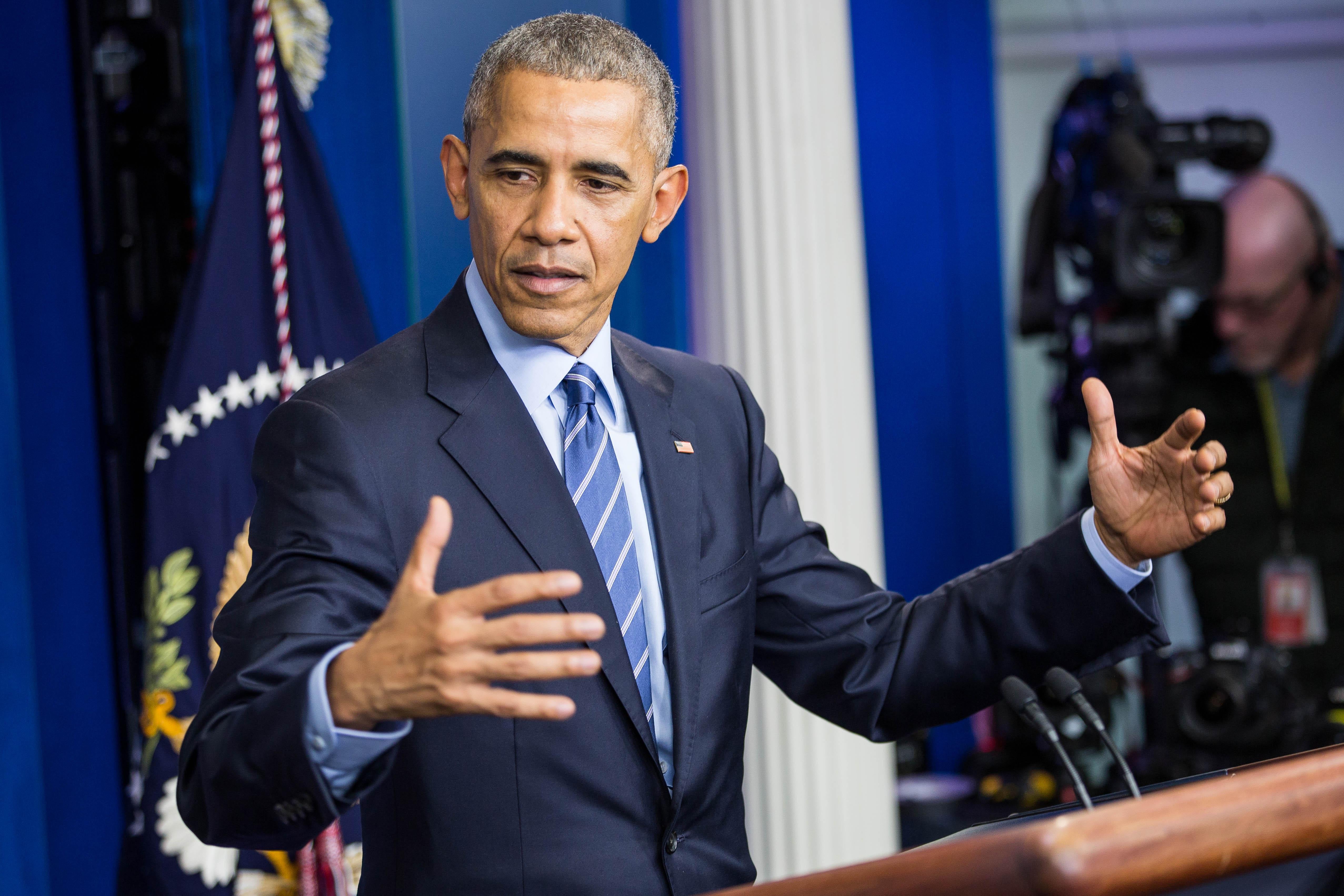 President Barack Obama holds a year-end press conference in the Brady Press Briefing Room of the White House in Washington, DC, December 16, 2016.Obama on Friday warned his successor Donald Trump against antagonizing China by reaching out to Taiwan, saying he could risk a 'very significant' response if he upends decades of diplomatic tradition. / AFP / ZACH GIBSON        (Photo credit should read ZACH GIBSON/AFP/Getty Images)