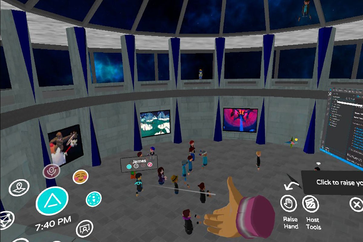 A virtual reality room filled with avatars, screens, and personalized option menus surrounding a floating hand