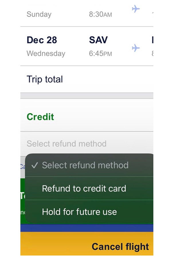A screenshot of Southwest's app. It shows an itinerary of a flight scheduled for December 28. There's a button that says "cancel flight" and two options appear: "refund to credit card" and "hold for future use."