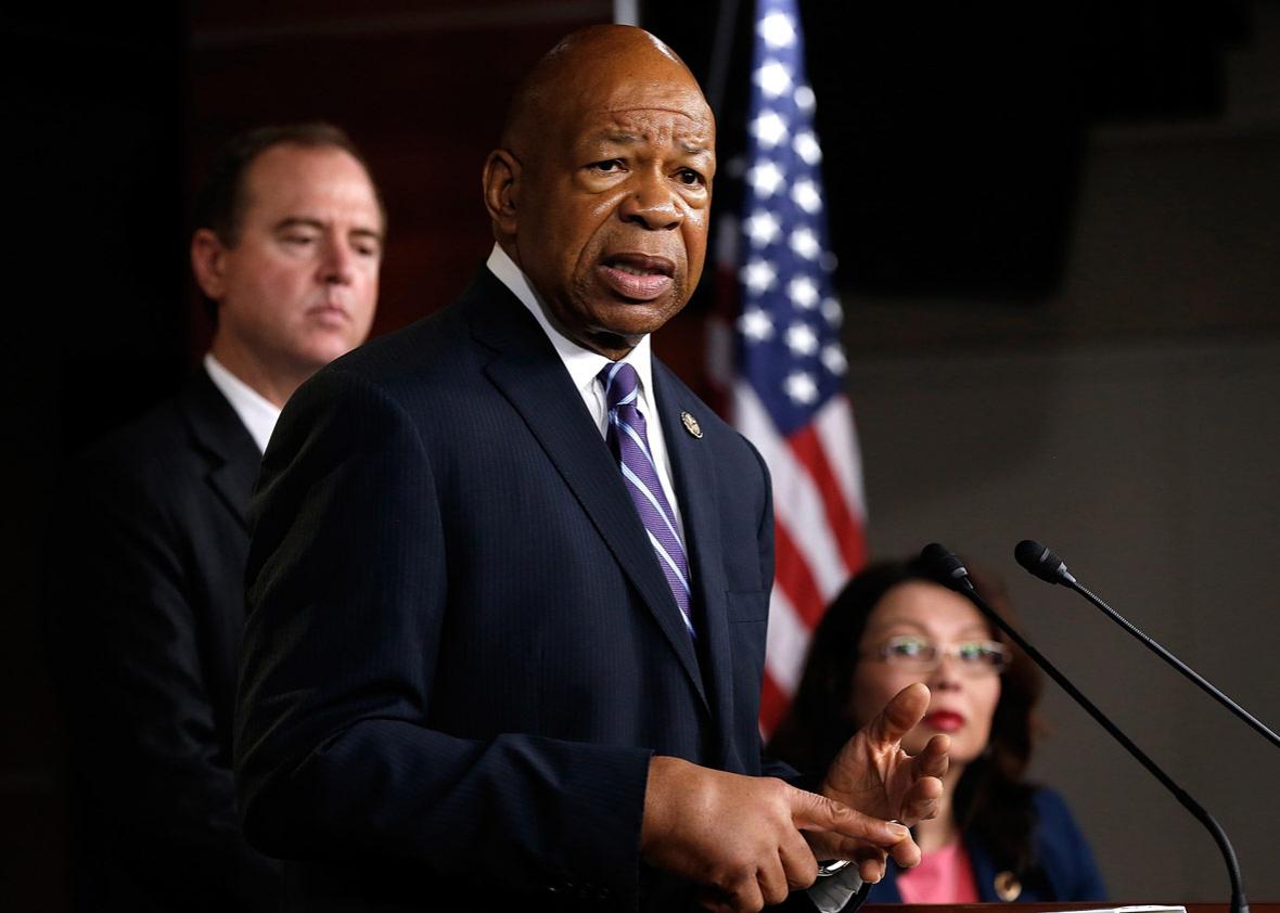 Rep. Elijah Cummings (C) (D-MD) speaks during a press conference by Democratic members of the House Select Committee on Benghazi September 16, 2014 at the U.S. Capitol in Washington, DC.