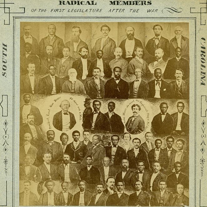 Commemorative card of black and white Radical legislators in South Carolina during Reconstruction. 
