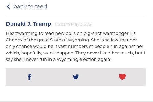 Trump mocking Cheney for being a "big-shot warmonger" and having low poll numbers in a post.