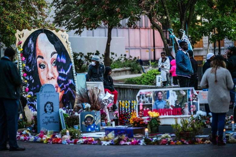 A memorial for Breonna Taylor is seen in a park.