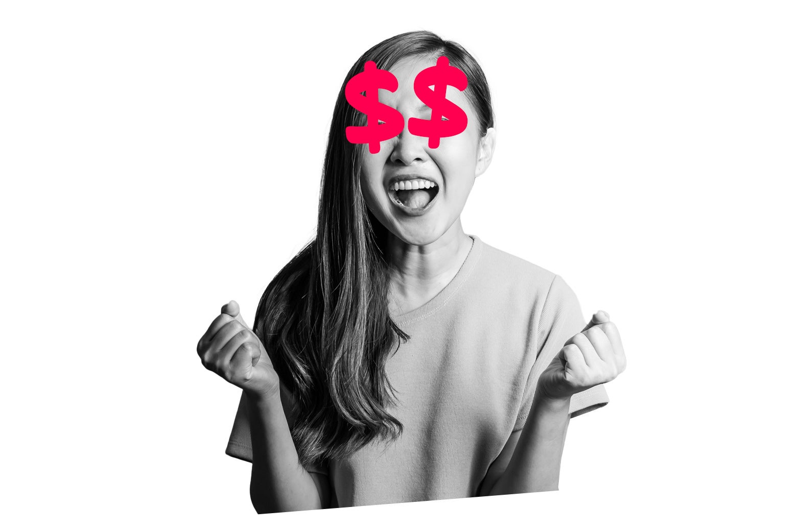 A young woman holds her fists up in excitement with $ over her eyes.