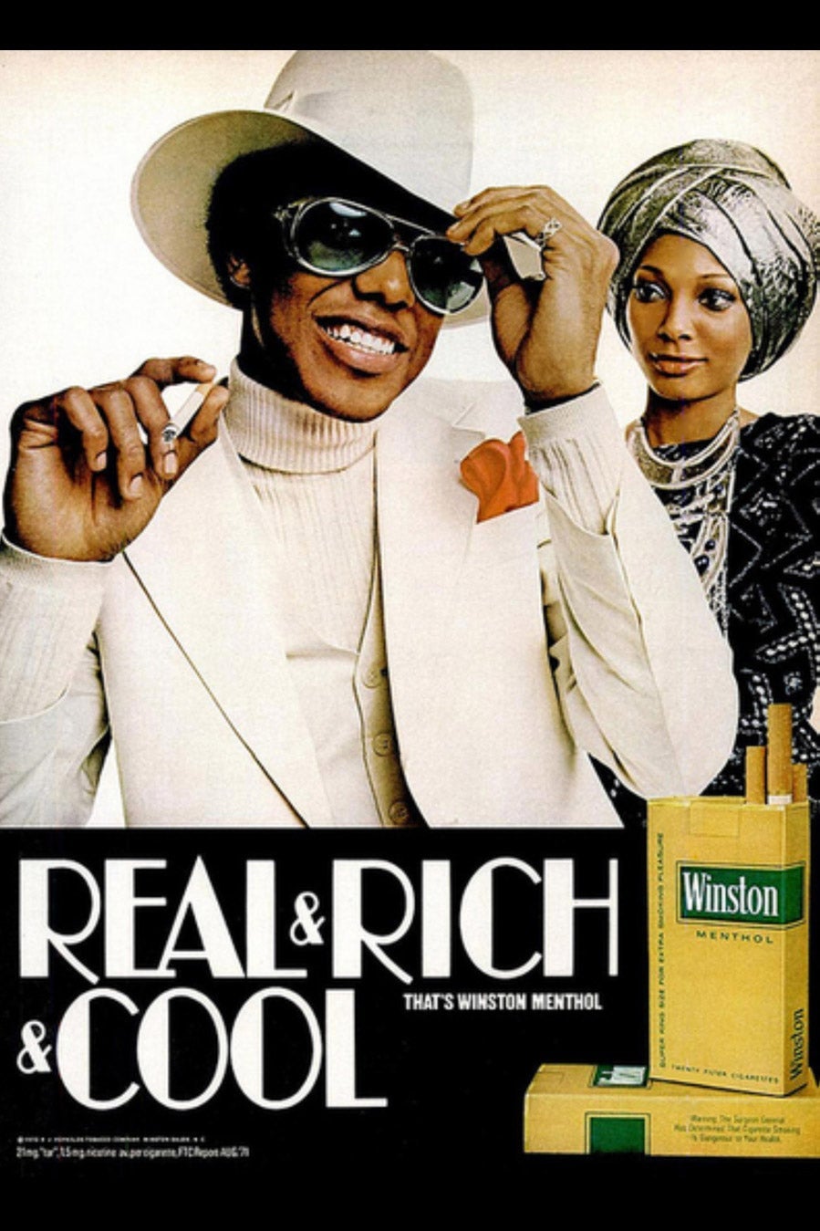 A Winston cigarette ad with a lavish Black couple and the slogan "Real Rich & Cool."