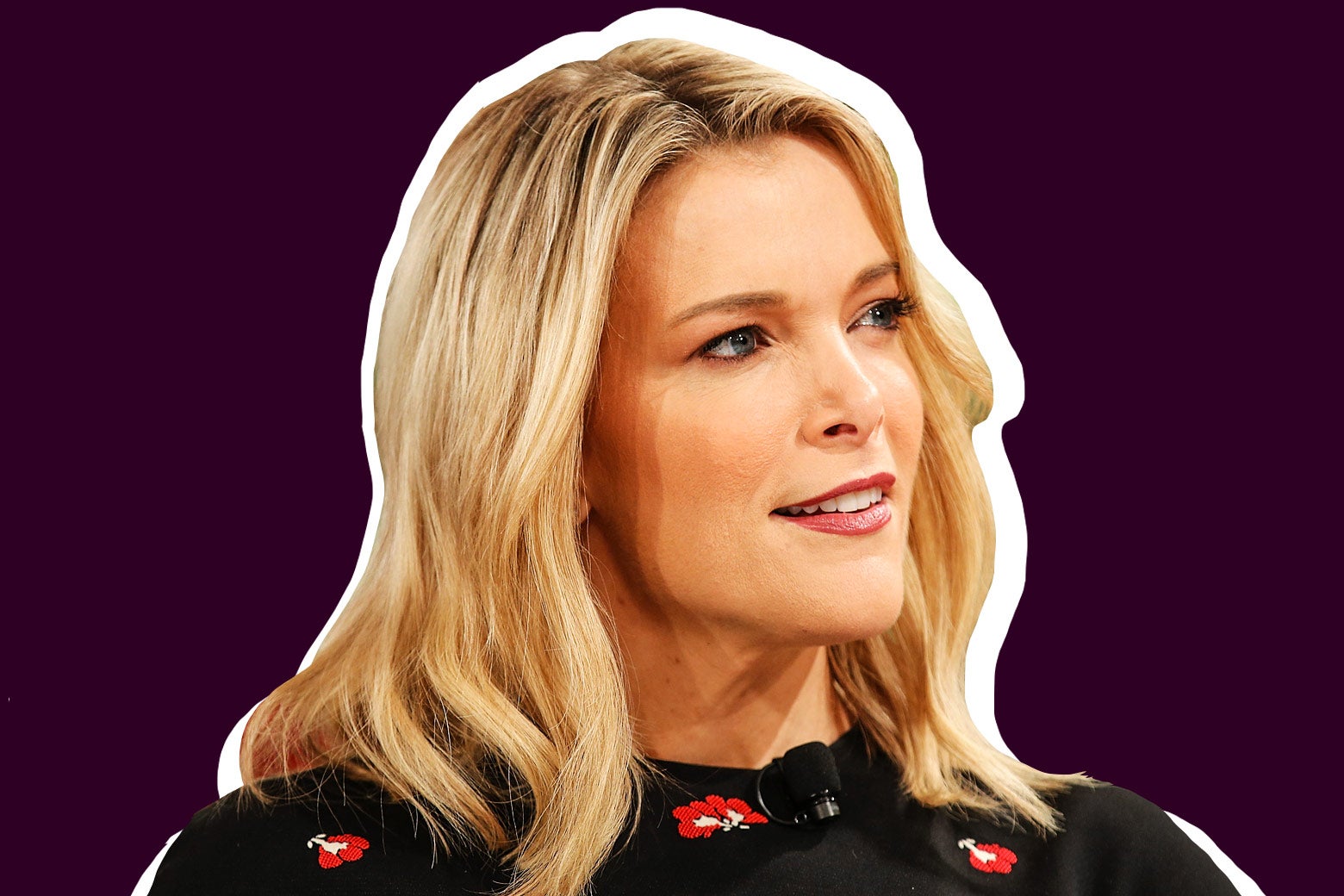A cutout of blonde Megyn Kelly, looking off camera, set against a maroon background.