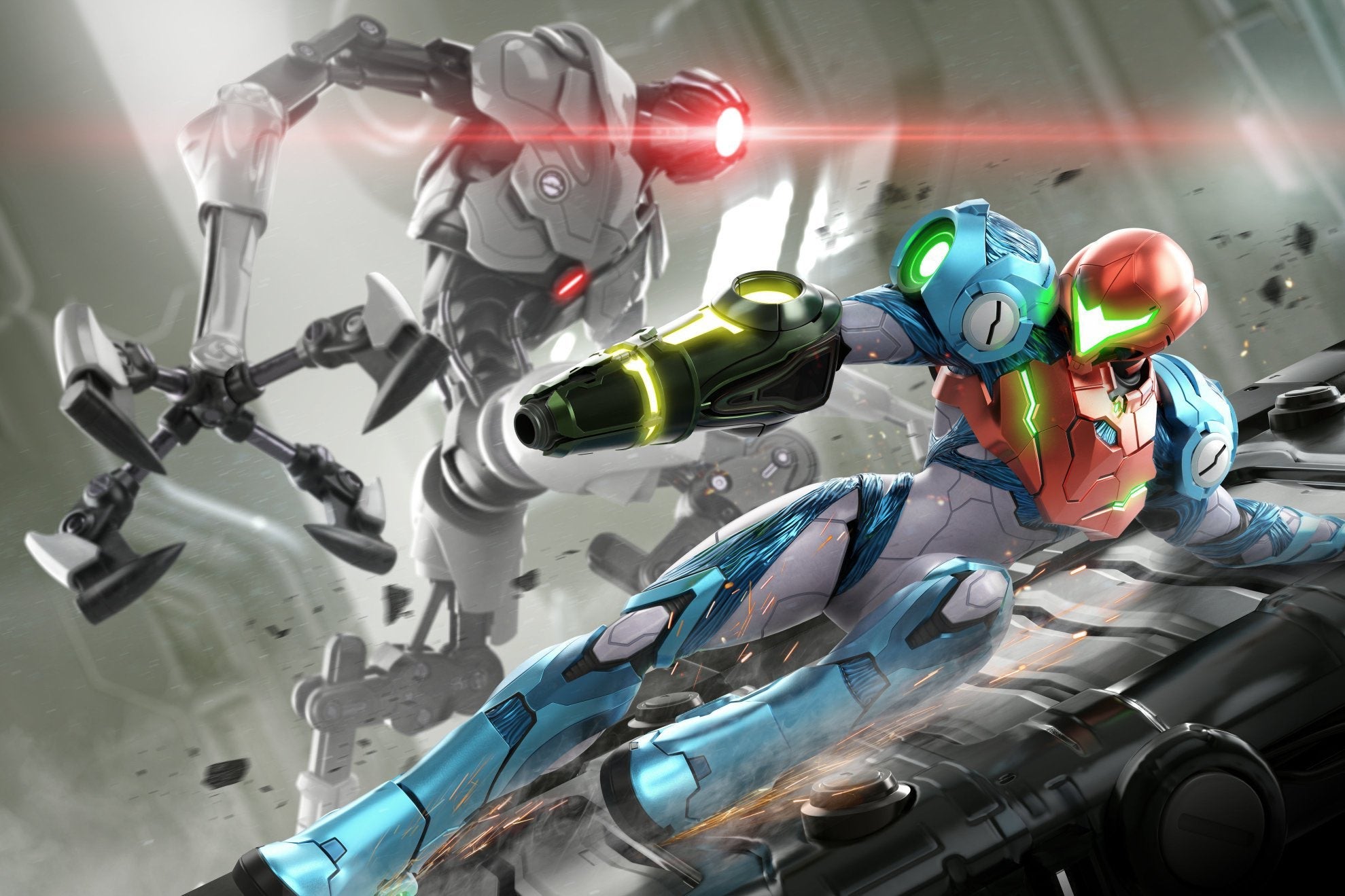 A woman in a blue-and-gray space suit with a red helmet slides across a metal platform. A robotic monster with a white body and metallic black arms leers at her with its single red laser eye.