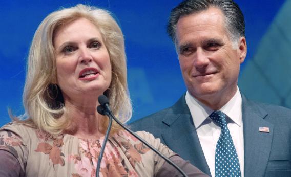 U.S. Republican presidential hopeful Mitt Romney listens to his wife Ann as she addresses the National Rifle Association Leadership Forum on April 13, 2012, in St. Louis