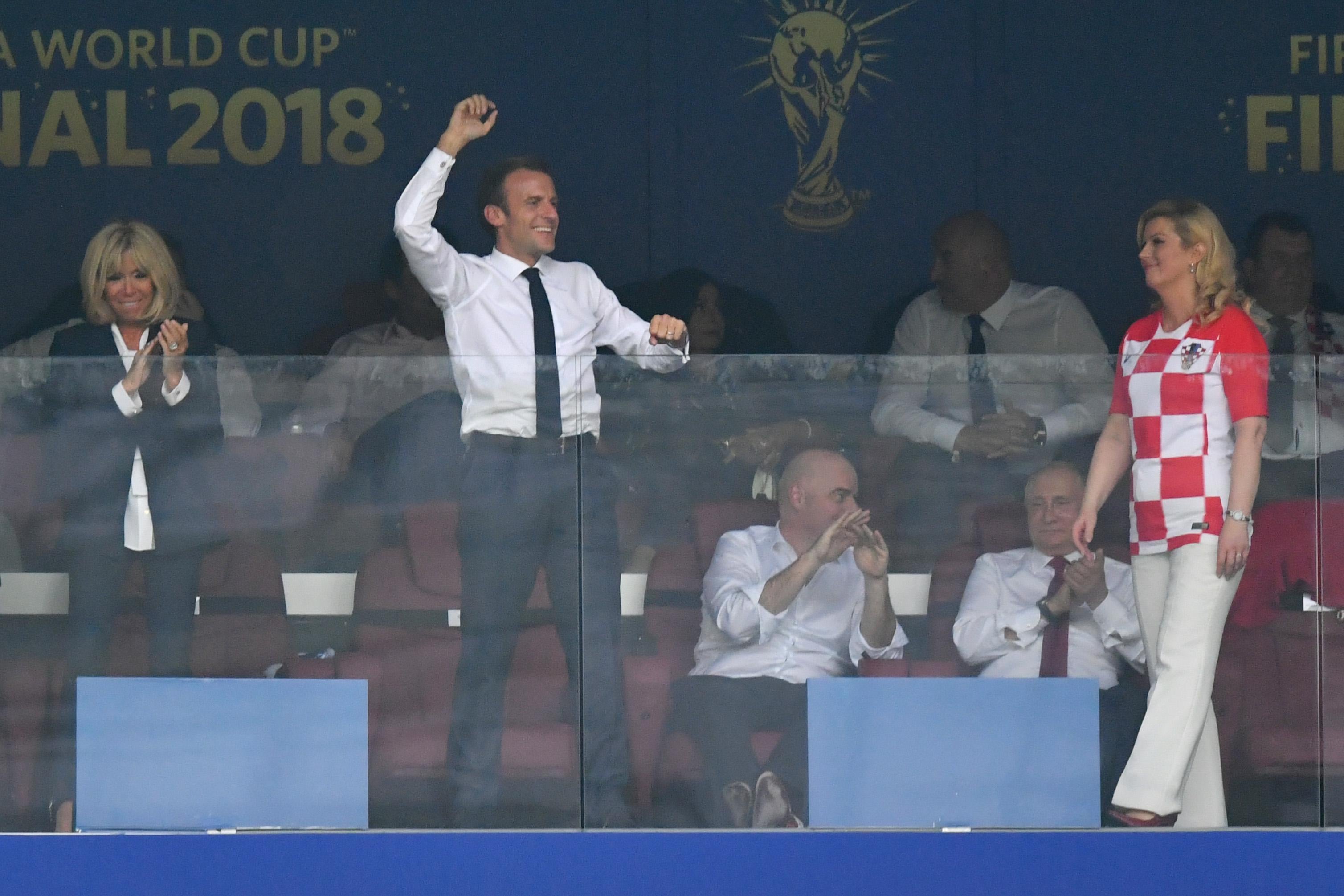 French President Emmanuel Macron celebrates after his team's fourth goal during the 2018 FIFA World Cup Final between France and Croatia at Luzhniki Stadium on July 15, 2018 in Moscow, Russia.