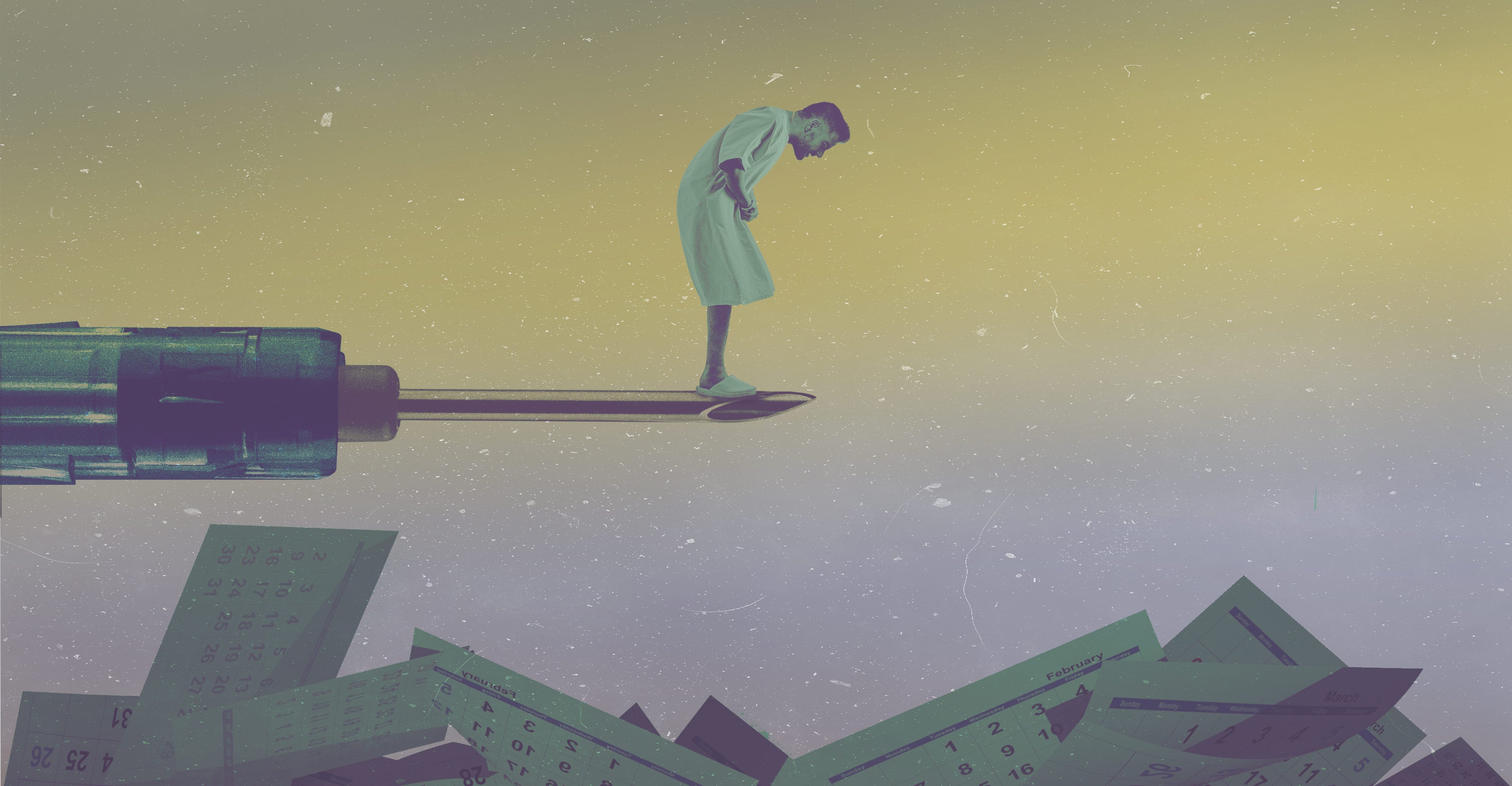 A man wearing a hospital gown stands on the edge of a screwdriver, looking down at a pile of ripped-off calendar pages.