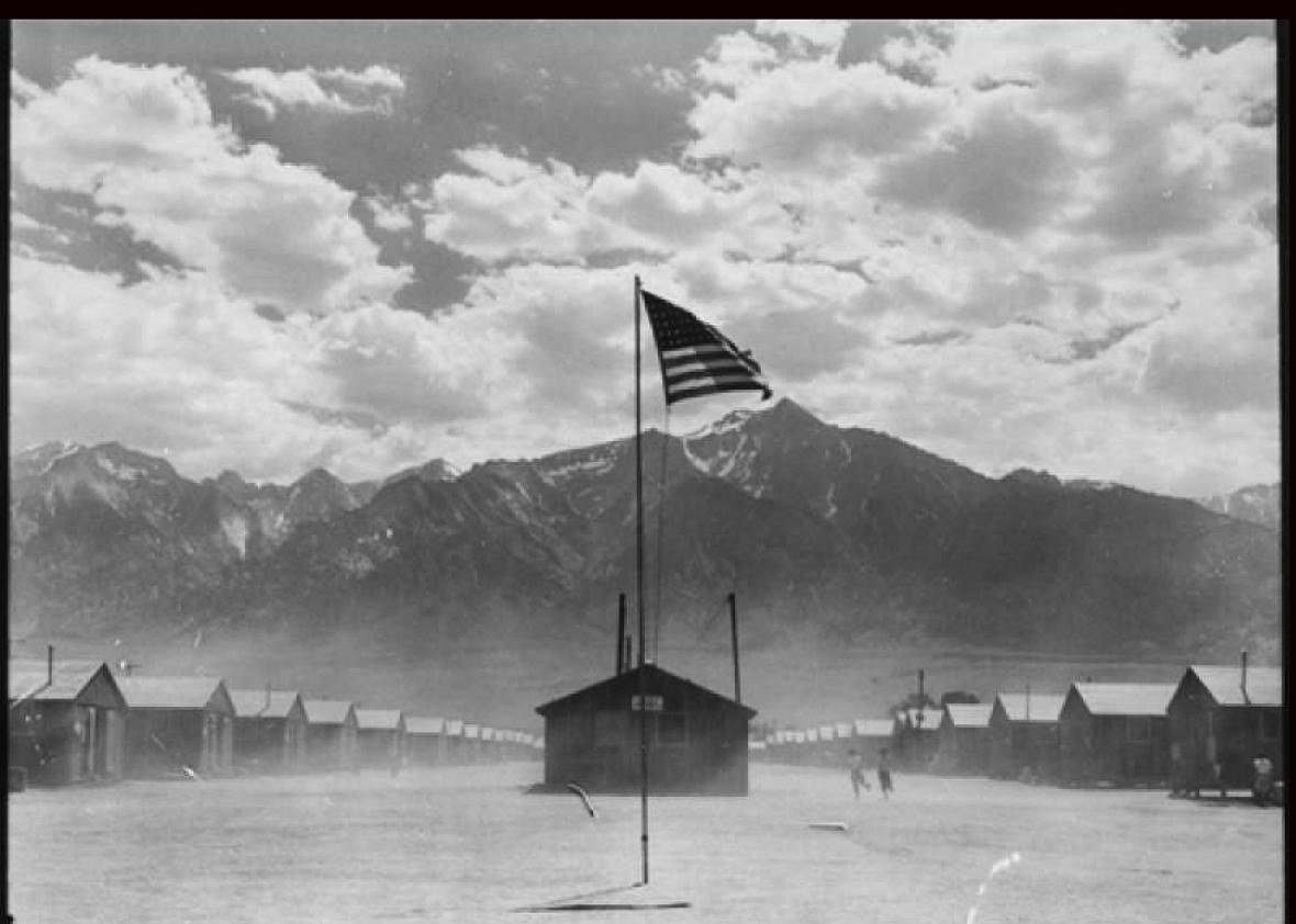 Dust storm at a War Relocation Authority center where evacuees o