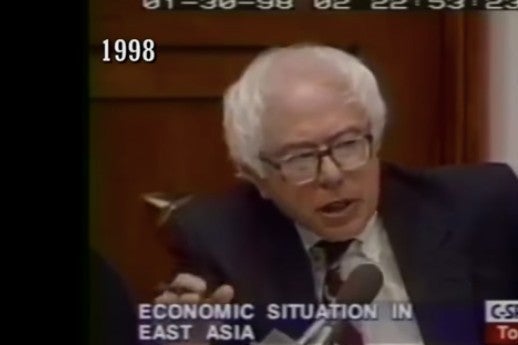 Screenshot of video of Bernie Sanders speaking in 1998.