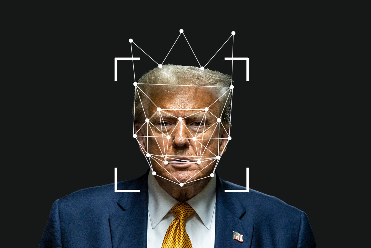 Donald Trump has data-scanning points from facial recognition technology over his face. 