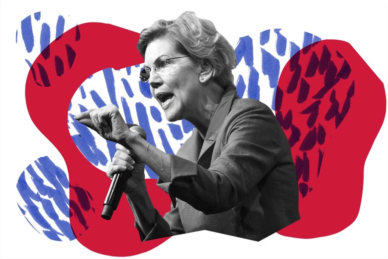 Elizabeth Warren, surrounded by the red, white, and blue.