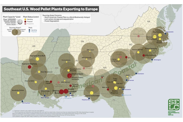 A map of Southeast U.S. wood pellet plants exporting to Europe