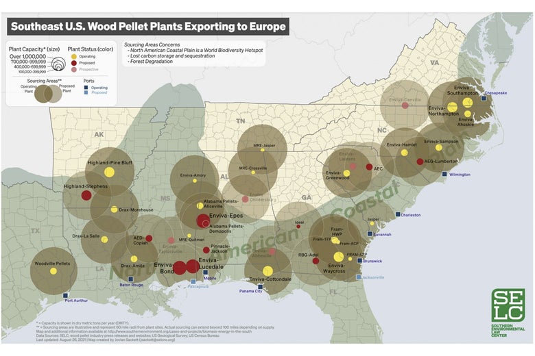 A map of Southeast U.S. wood pellet plants exporting to Europe