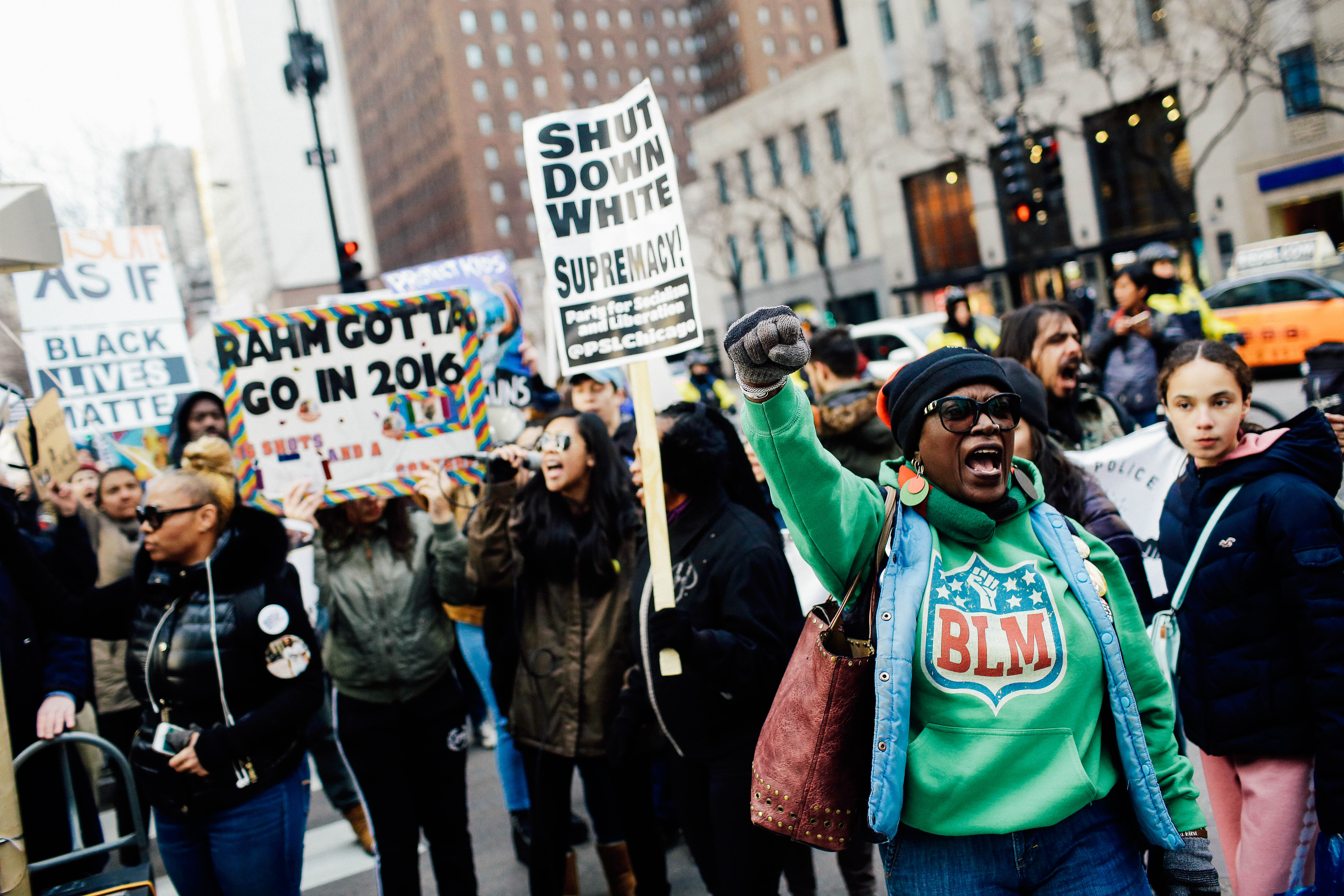 Demonstrators protest along Michigan Avenue on April 2 in Chicago in response to the police shooting of Stephon Clark in Sacramento, California, and other victims of police shootings.