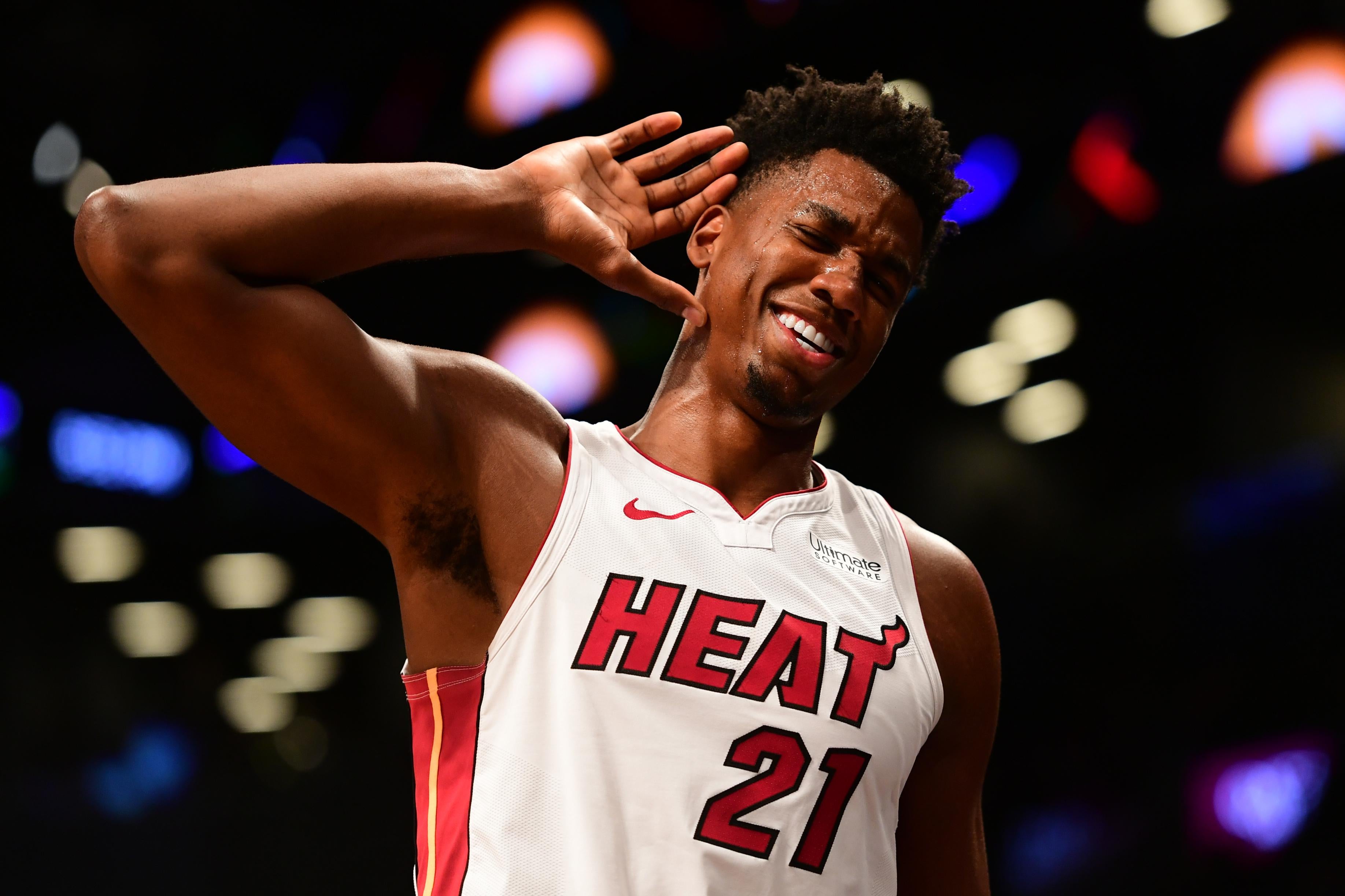 Hassan Whiteside #21 of the Miami Heat motions for the fans to get louder during the final moments of the game against Brooklyn Nets at Barclays Center on November 14, 2018 in the Brooklyn borough of New York City.