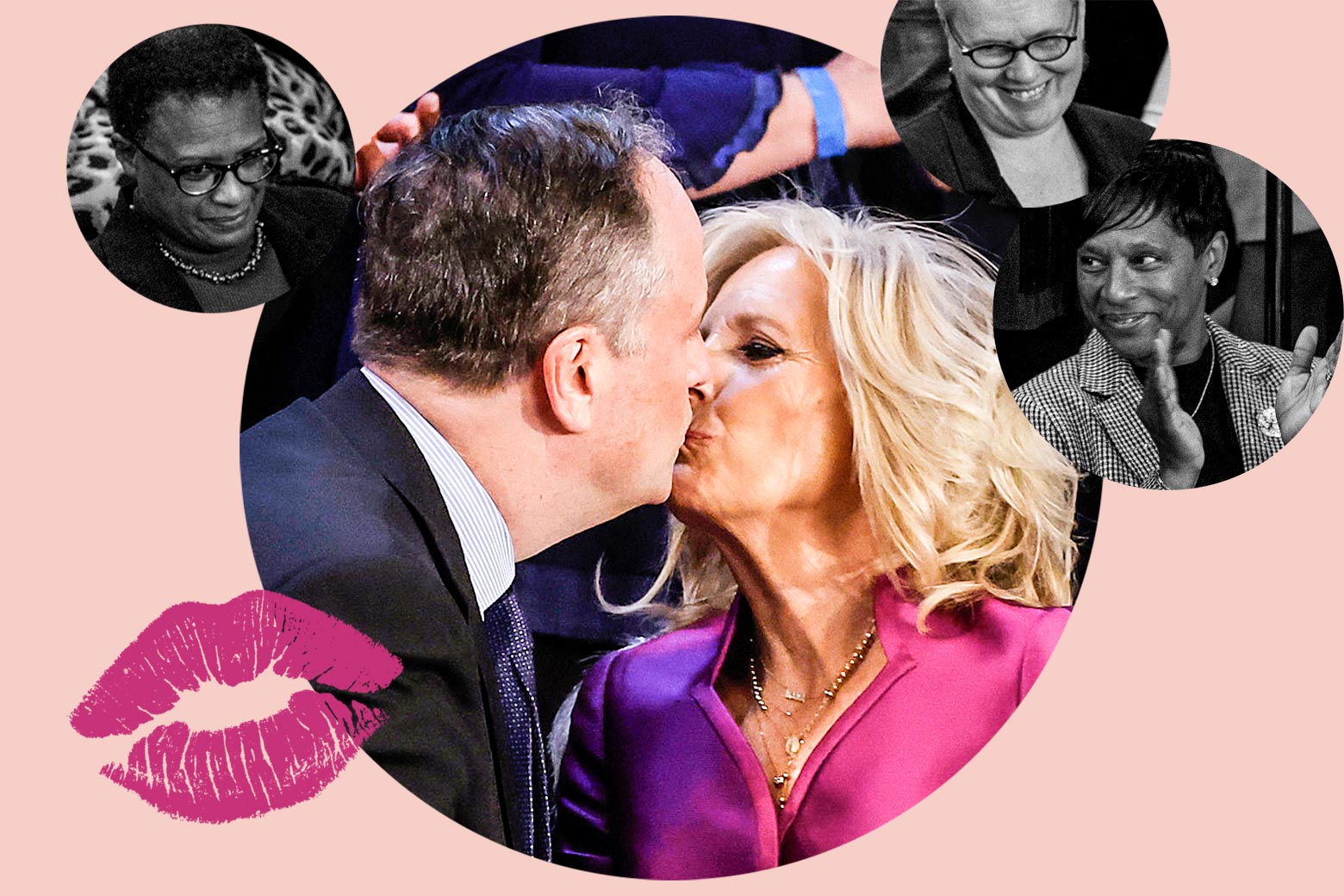 Jill Biden and Doug Emhoff kiss while onlookers react. 