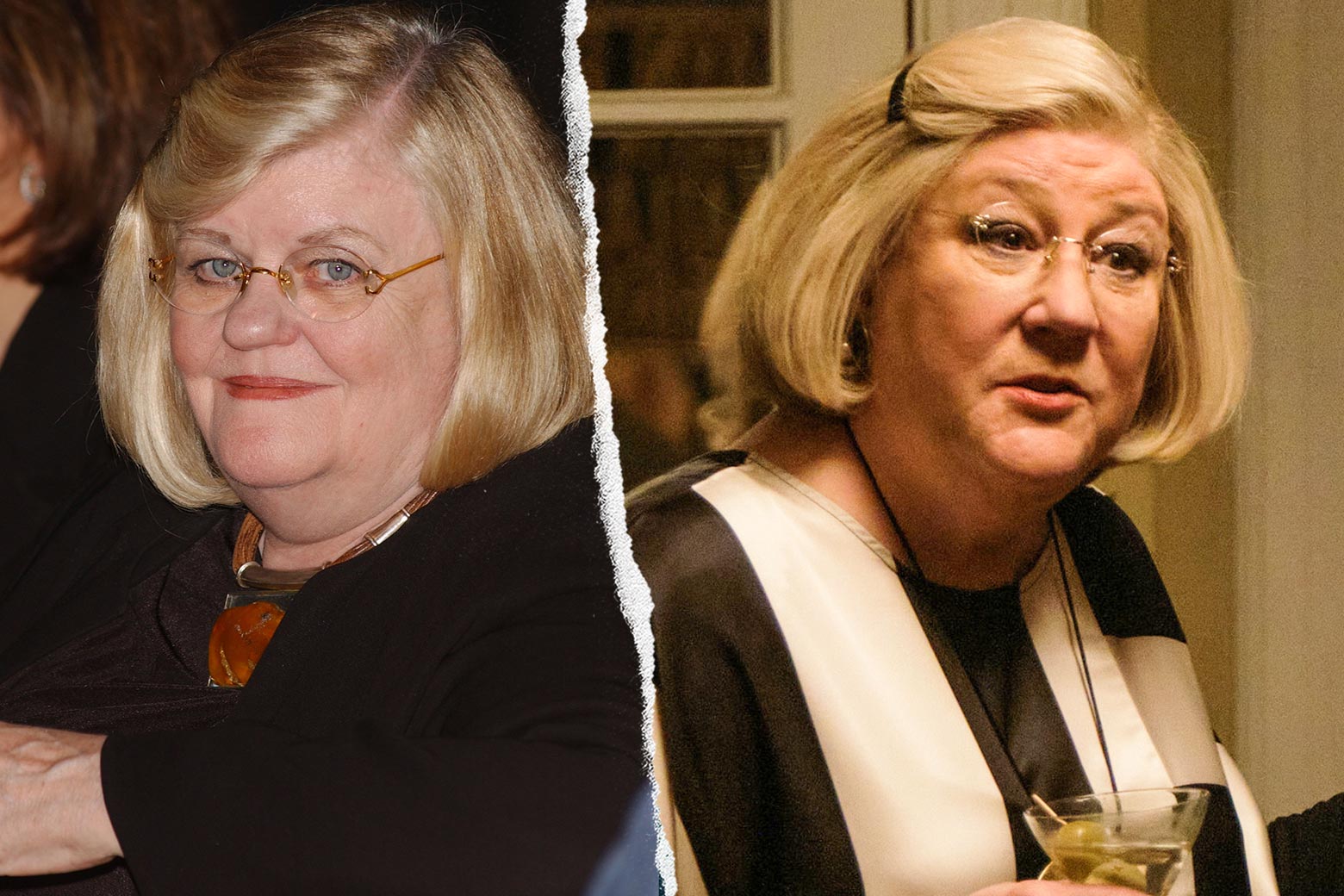 A woman in glasses and a blond bob, and Martindale, with a similar look, holding a Martini glass.
