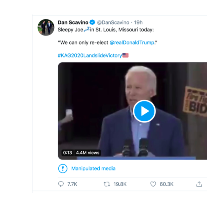 A screenshot of Scavino's tweet, with a still shot of Biden speaking, and the "Manipulated media" warning beneath.