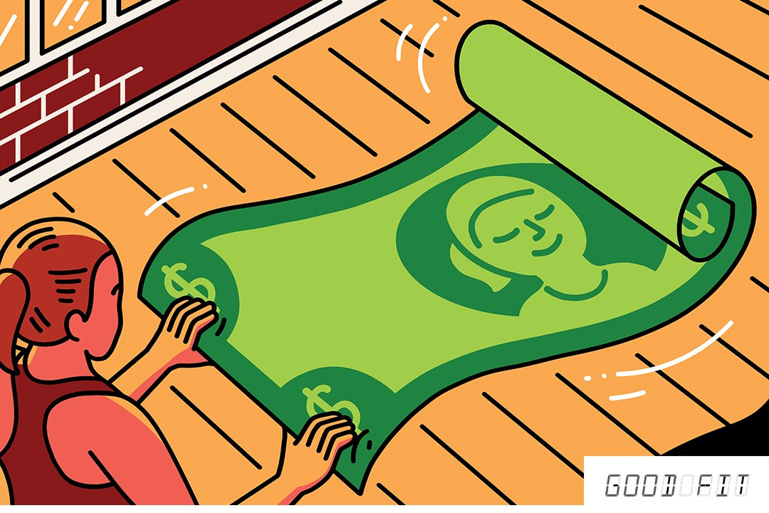 An illustration of a ponytailed woman unrolling a yoga mat in the shape of money. 