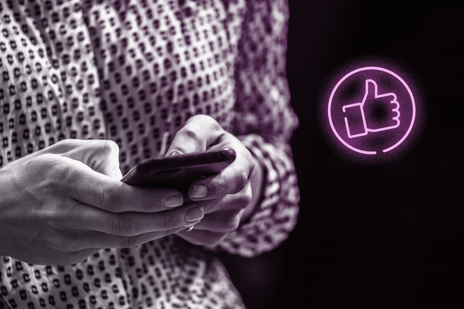 Hands texting on a cellphone with glowing thumbs up sign on the right