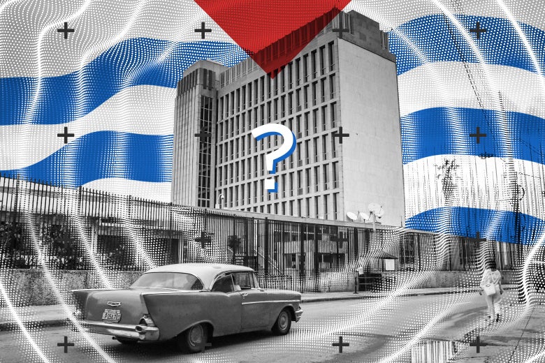 A question mark imposed on, and sonic waves surrounding, the U.S. Embassy in Havana.
