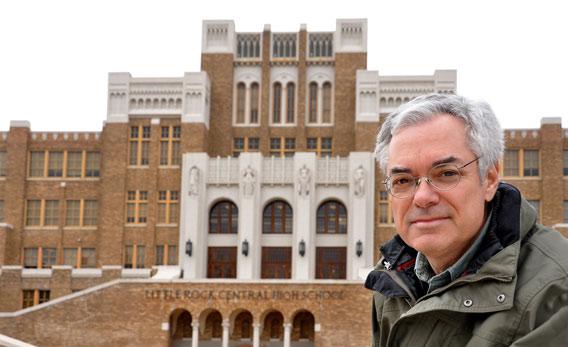 Author David Margolick in front of Little Rock Central High School.