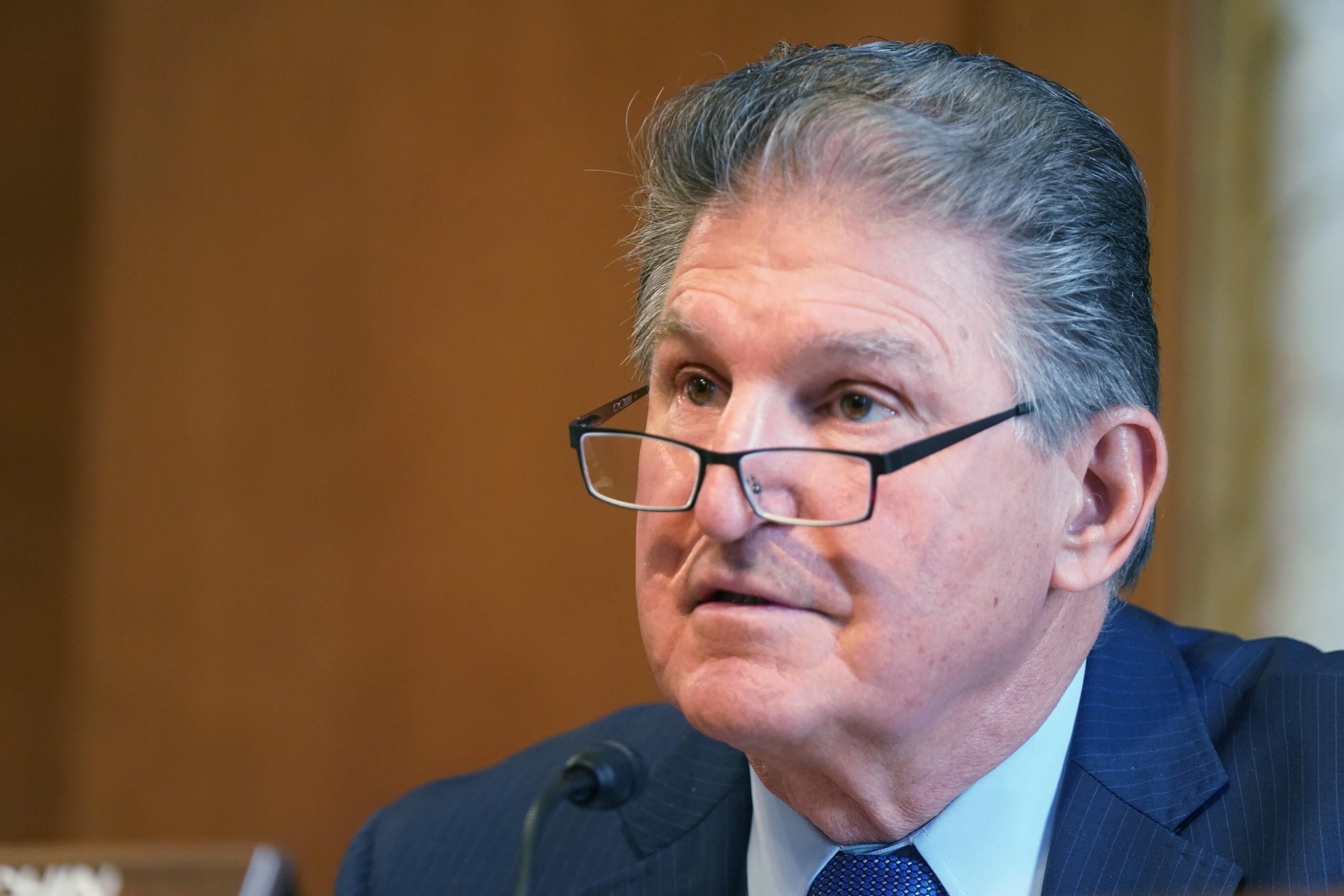 Sen. Joe Manchin, (D-WV) chairman of the Senate Committee on Energy and Natural Resources, is seen asking questions during a hearing at the U.S. Capitol on February 24, 2021 in Washington, DC.